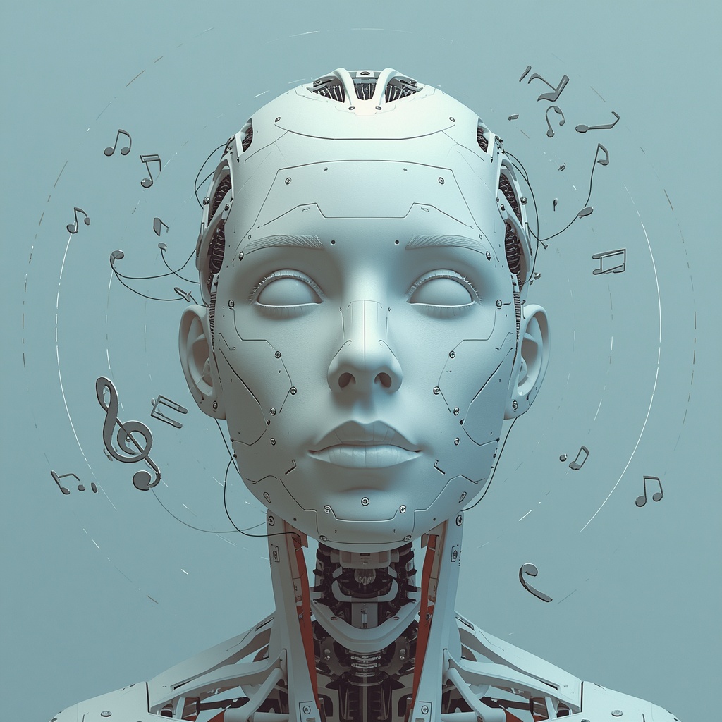 Lucid Origin, inteligencia artificial y música. Para una publicación de blog sobre IA. Tema blanco azulado. 0